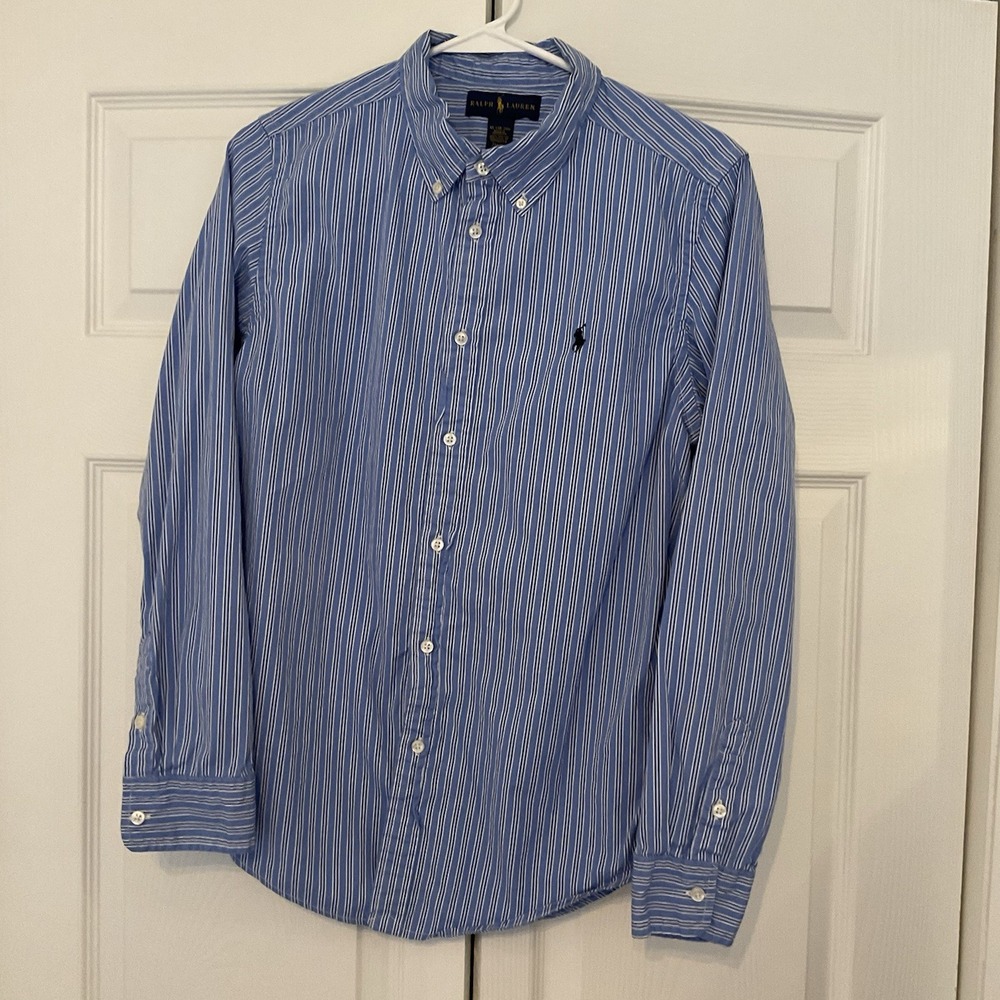 Ralph Lauren Young Mens XL 18-20 Blue Striped Long Sleeve Shirt Boys Cotton Polo